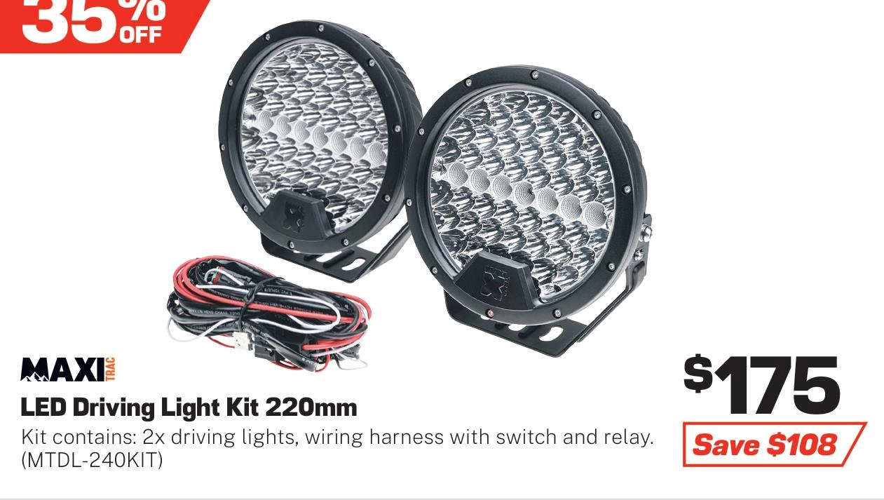 MaxiTrac 220mm LED Driving Light Kit, 20582 Lumens, Waterproof, Wiring Harness Included - MTDL-240KIT