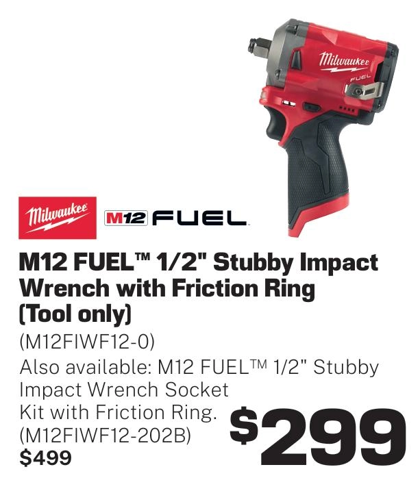 Milwaukee M12 Fuel 1/2In Stubby Impact Wrench with Friction Ring (Tool only) - M12FIWF12-0