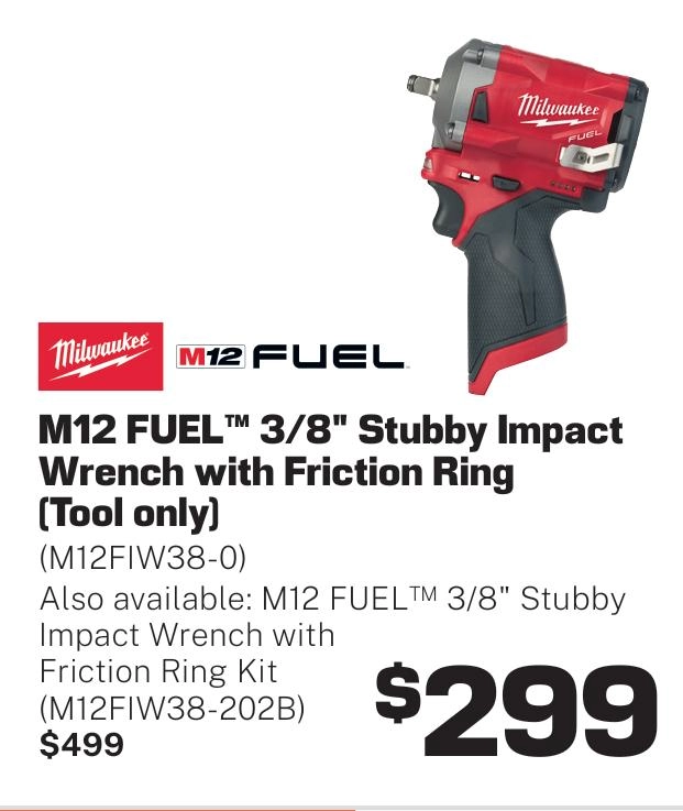 Milwaukee M12 Fuel 3/8In Stubby Impact Wrench with Friction Ring (Tool only) - M12FIW38-0