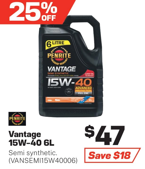 Penrite Vantage Semi Synthetic 15W-40 Engine Oil 6L - VANSEMI15W40006