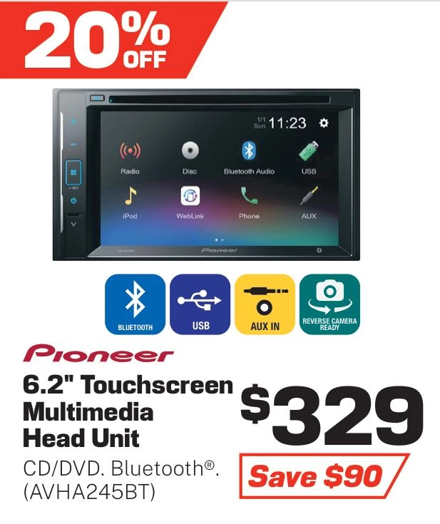 Pioneer 6.2in Touchscreen Head Unit with CD Player - AVHA245BT