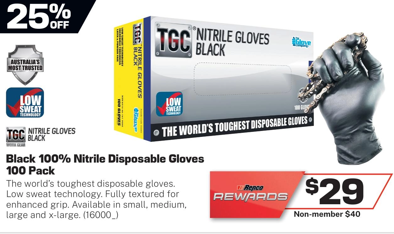 TGC Black 100% Nitrile Disposable Gloves 100 Pack