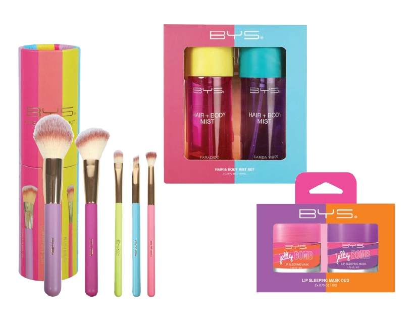 BYS Neon Cylinder Brush Kit 5 piece, Neon Fragrance Mist Set 2 piece or Neon Duo Lip Sleeping Masks 2 piece