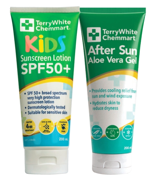 TerryWhite Chemmart Kids Sunscreen Lotion SPF50+ or After Sun Aloe Vera Gel 200ml