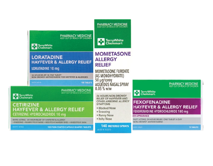 TerryWhite Chemmart Loratadine 10mg 100 tablets, Cetirizine Hayfever & Allergy Relief 100 tablets, Mometasone Nasal Spray 50mcg 140 doses or Fexofenadine 180mg 70 tablets