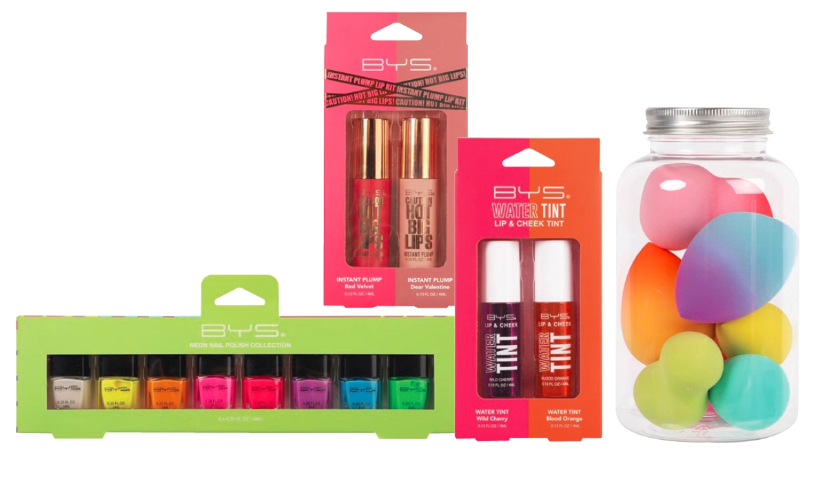 BYS Neon Pop Nail Polish Collection 8 Piece, Caution Hot Lips Liquid Lip Colour Set 2 Piece, Neon Lip & Cheek Water Tint Set, Rainbow Beauty Blenders Ombre Sponges 7 Piece