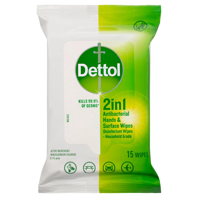 Dettol 2 In 1 Hand & Surfaces Antibacterial Wipes 15 Pack