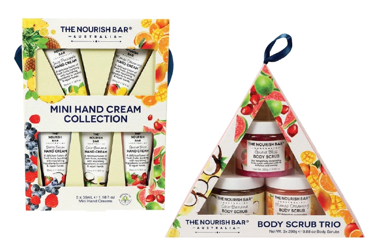 The Nourish Bar Hand Cream Set in Tin 5 piece, Body Scrub Set 3 piece