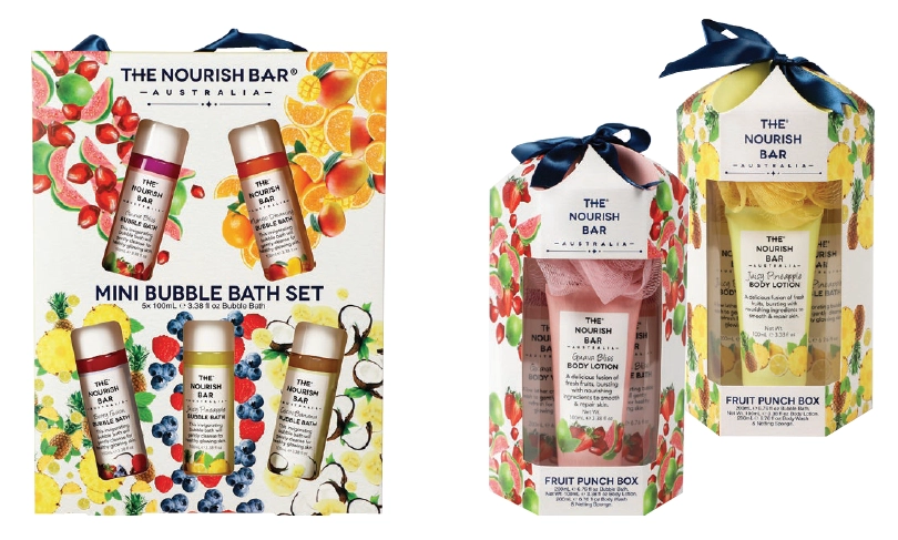 The Nourish Bar Mini Bubble Bath Set 5 piece, Fruit Punch Box Guava Bliss, Fruit Punch Box Juicy Pineapple 4 piece