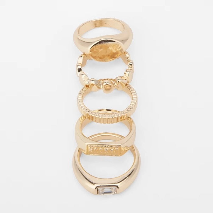 5 Pack Signet Love Rings - Gold Tone