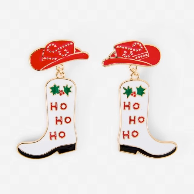 Christmas Bead Boot Drop Earrings - White, Red, Black, Gold Tone and Green