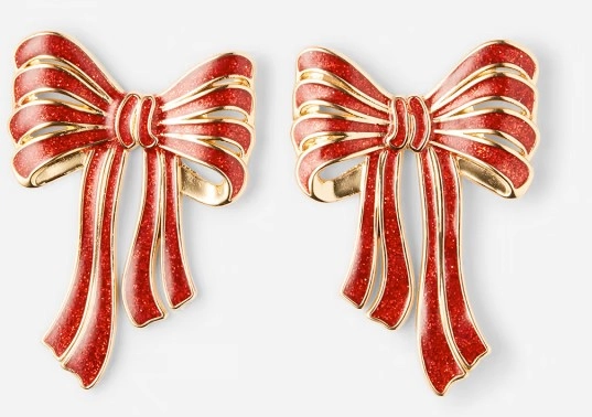 Christmas Bow Stud Earrings - Red and Gold Tone