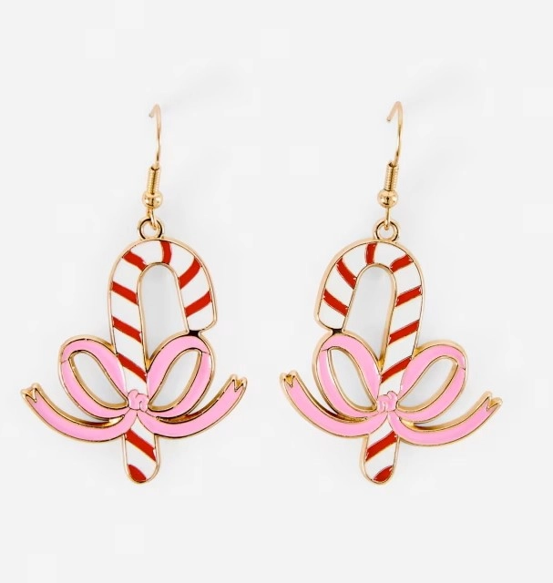 Christmas Candy Cane Bow Earrings - Red, White, Pink and Gold Tone