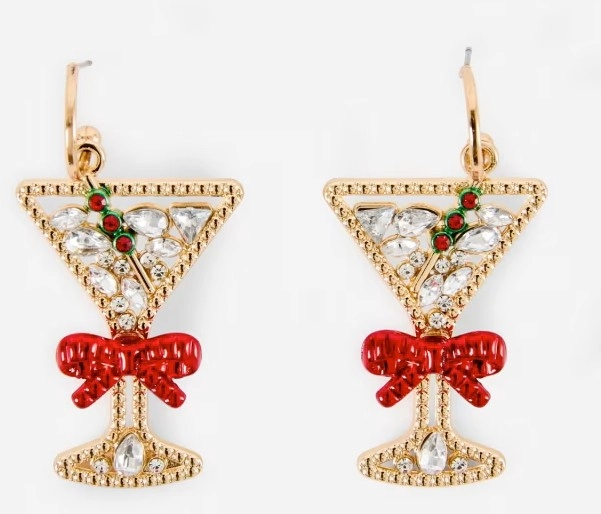 Christmas Cocktail Drop Earrings - Gold Tone and Red