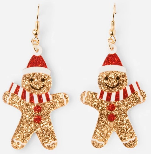 Christmas Gingerbread Drop Earrings - Gold Tone, Red and White