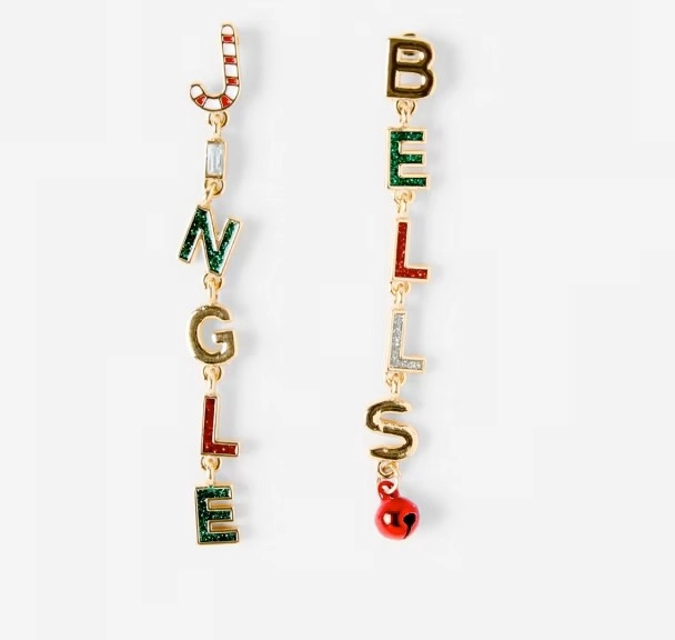 Christmas Jingle Bells Drop Earrings - Gold Tone, Red and Green