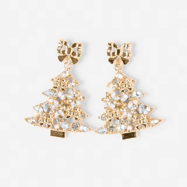 Christmas Tree Diamante Drop Earrings - Gold Tone