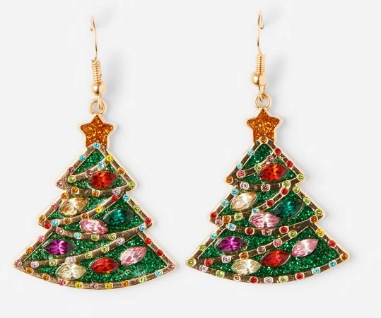 Christmas Tree Drop Earrings - Red, Green and Gold Tone