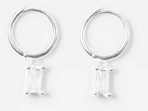 Sterling Silver Huggie Rectangle Stone Drop Earrings