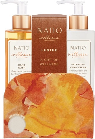 Natio Lustre Hand Wash 260mL, Intensive Hand Cream 260mL with Bamboo Fibre Caddy