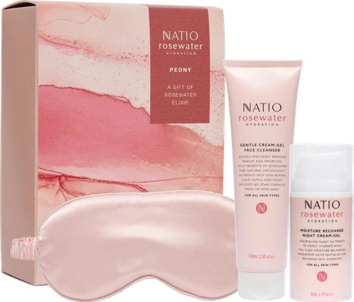 Natio Peony Gentle Cream-Gel Face Cleanser 100mL, Moisture Recharge Night Cream-Gel 80mL with Satin Eye Mask