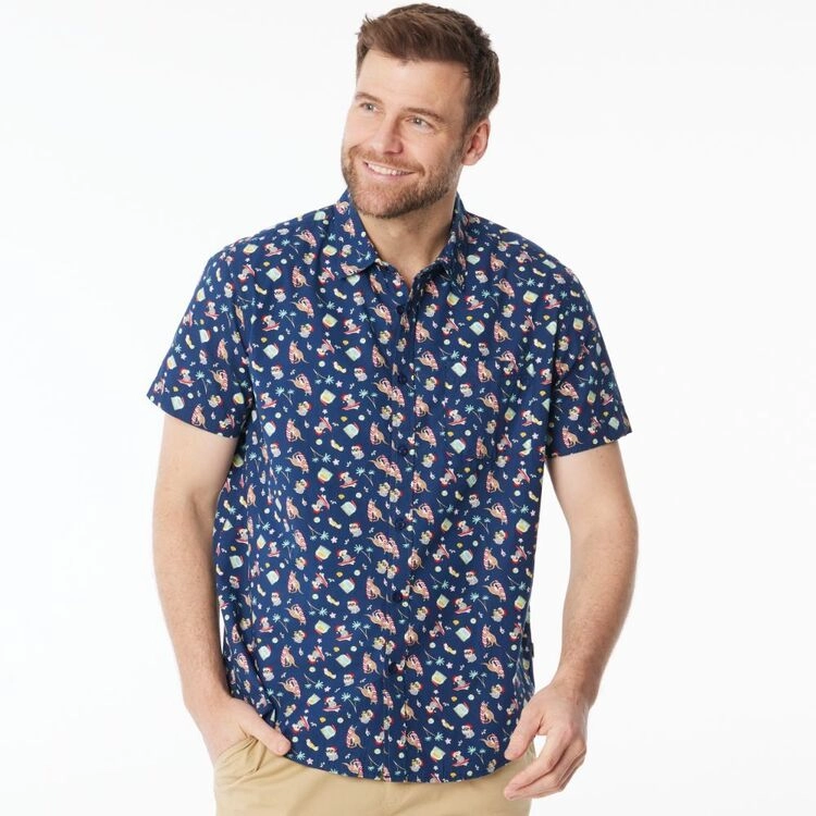 JC Lanyon Men's Christmas Printed Short Sleeve Shirt Navy