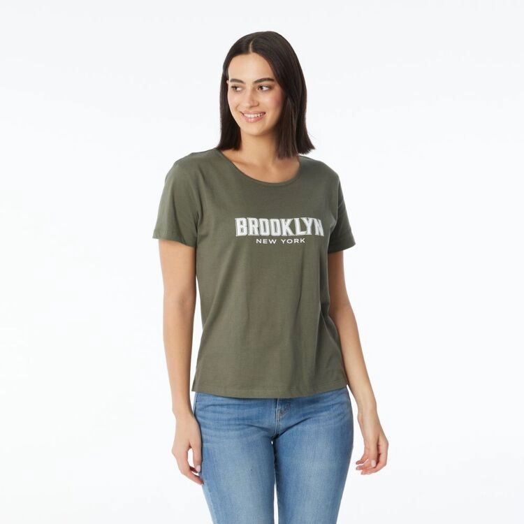 Khoko Collection Women's Crew Neck Cotton Brooklyn Print Tee Olive