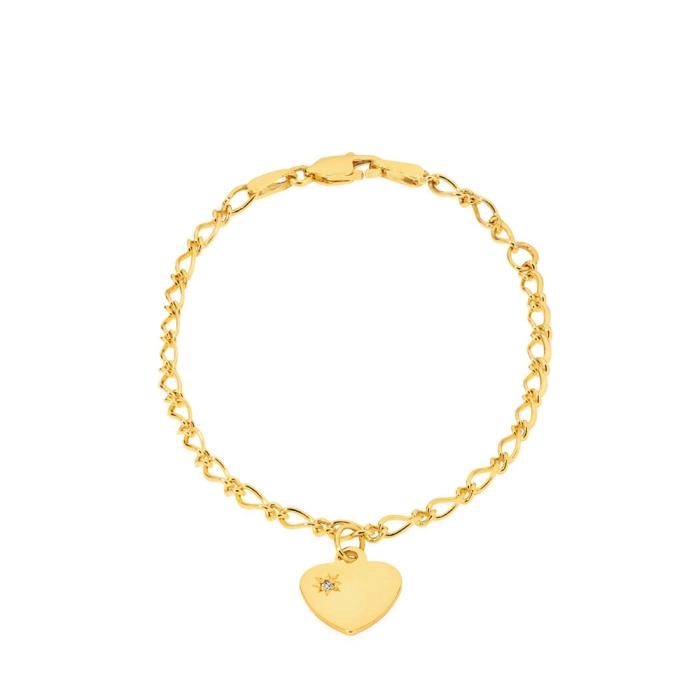 9ct Gold 16cm Solid Figaro 1+1 with Diamond Heart Charm Bracelet