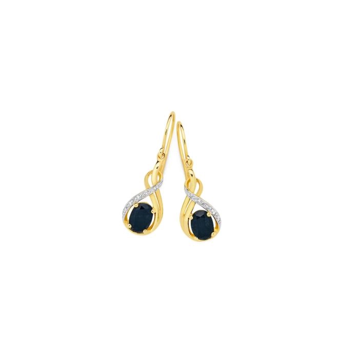 9ct Gold Black Sapphire & Diamond Hook Earrings