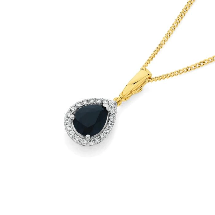 9ct Gold Black Sapphire & Diamond Pear Halo Pendant