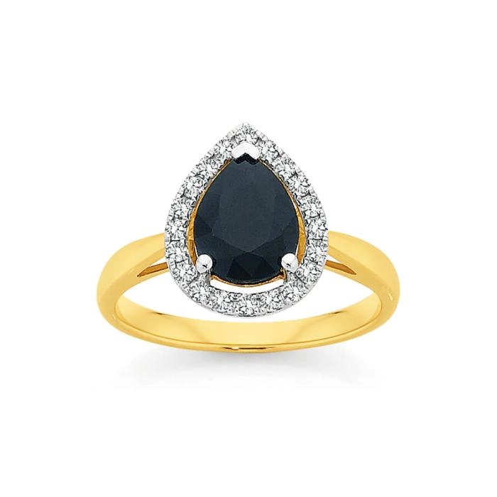 9ct Gold Black Sapphire & Diamond Pear Halo Ring