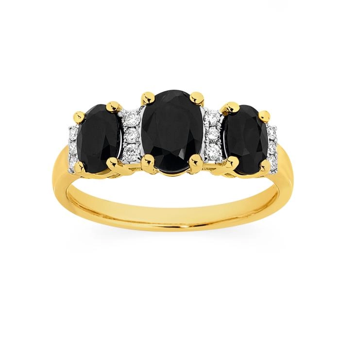 9ct Gold Black Sapphire & Diamond Trilogy Ring