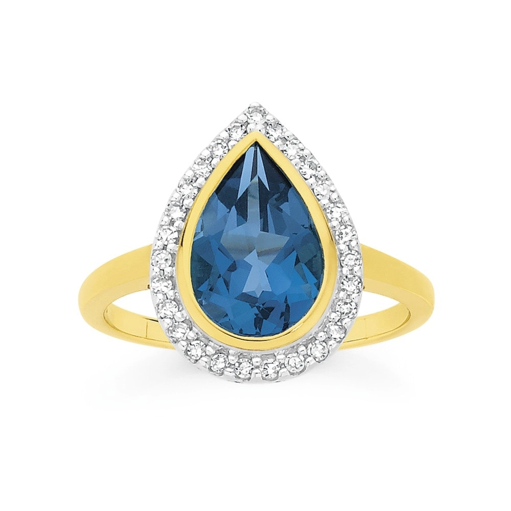 9ct Gold Blue Topaz Diamond Dress Ring