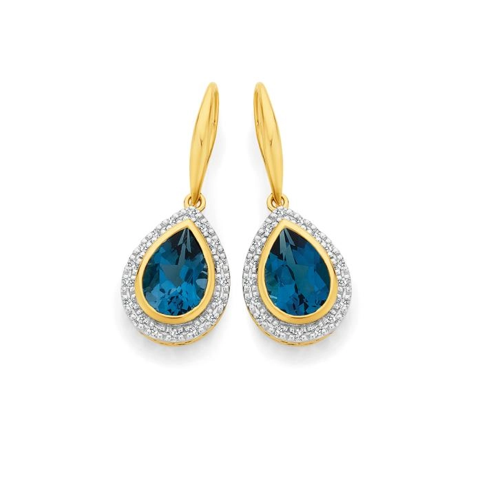 9ct Gold Blue Topaz Diamond Earrings