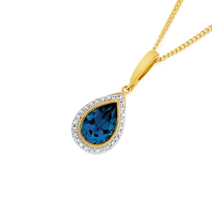 9ct Gold Blue Topaz Diamond Pendant