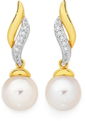 9ct Gold Cultured Freshwater Pearl & Diamond Drop Stud Earrings