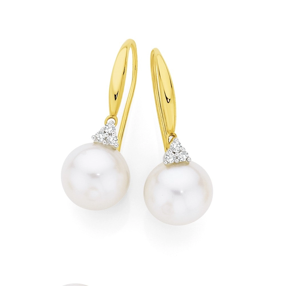 9ct Gold Cultured Freshwater Pearl & Diamond Hook Earrings