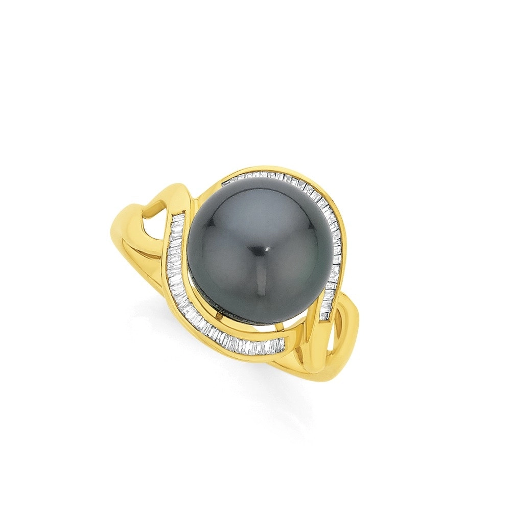 9ct Gold Cultured Tahitian Pearl & Diamond Swirl Ring