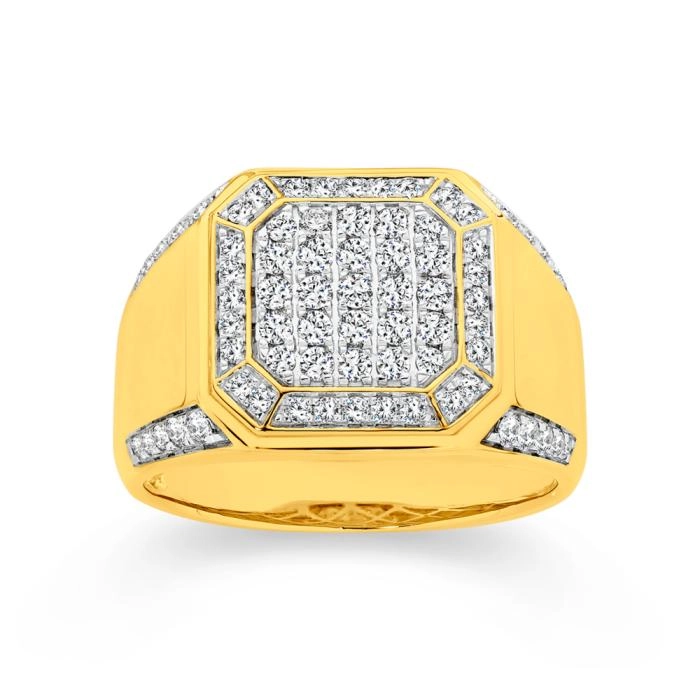 9ct Gold Diamond Cluster Octagon Top Gents Ring