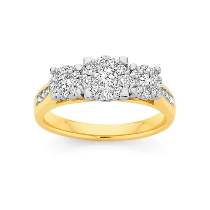 9ct Gold Diamond Cluster Trilogy Ring