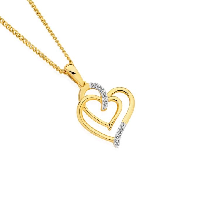 9ct Gold Diamond Double Linked Heart Pendant