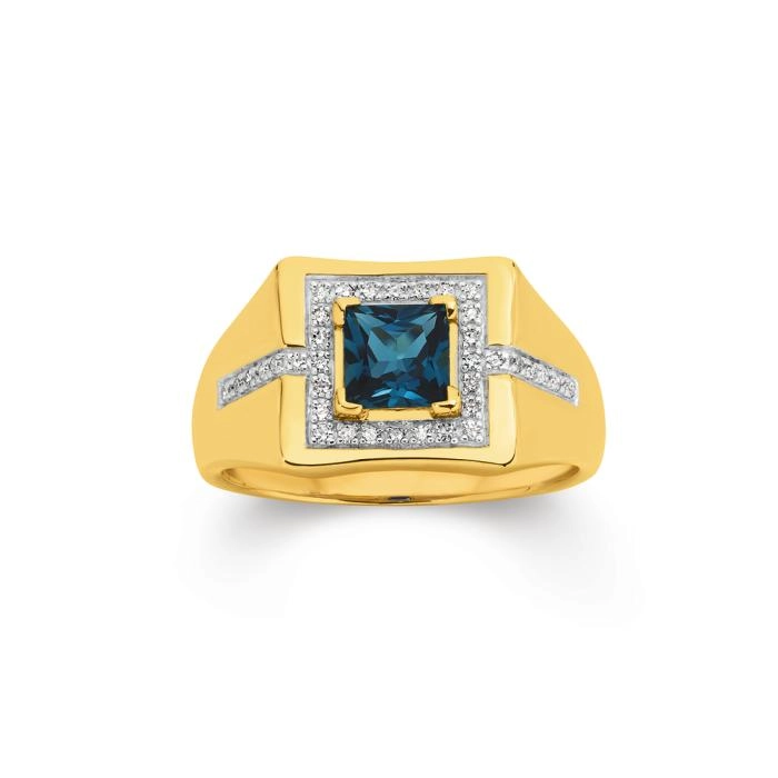 9ct Gold Diamond & London Blue Topaz Gents Ring