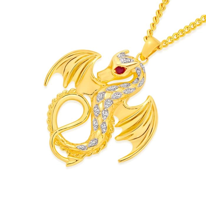 9ct Gold Diamond & Natural Ruby Dragon Gents Pendant