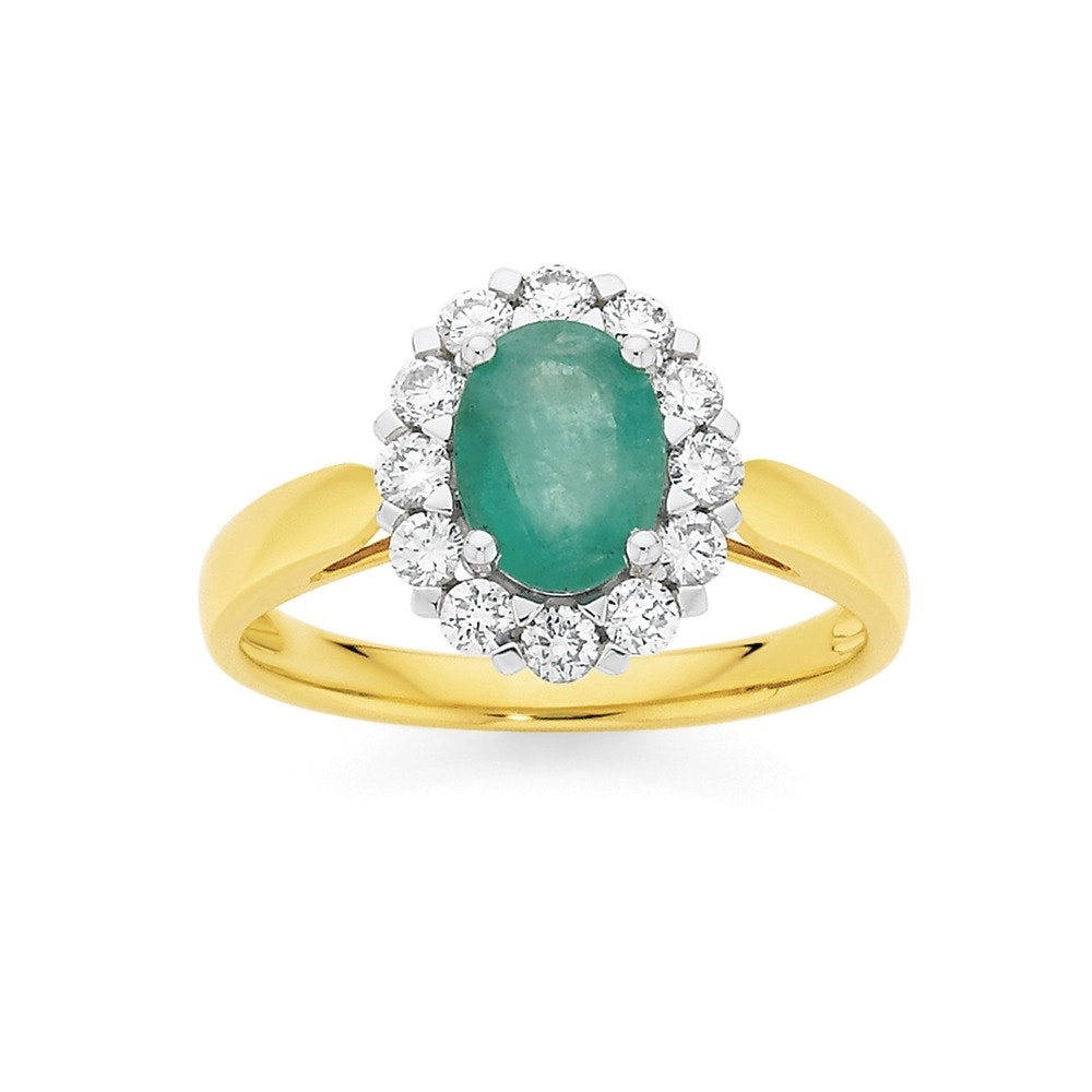 9ct Gold Emerald & Diamond Oval Cluster Ring