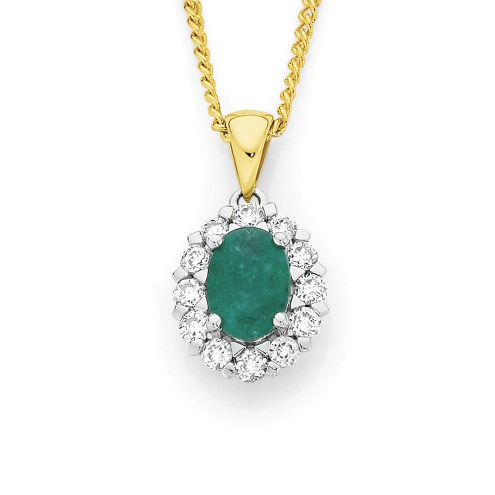 9ct Gold Emerald & Diamond Oval Frame Pendant