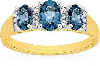 9ct Gold London Blue Topaz & Diamond Oval Trilogy Ring