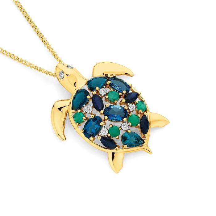 9ct Gold Multi Gemstone & Diamond Turtle Pendant