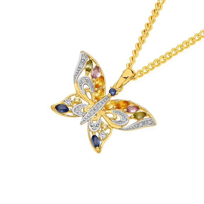 9ct Gold Multi Natural Sapphire Filigree Butterfly Pendant