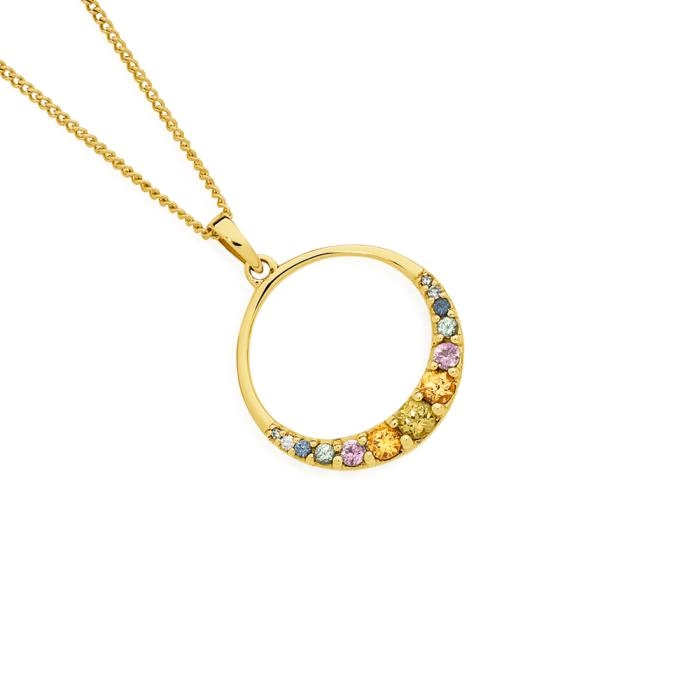 9ct Gold Multi Natural Sapphire Round Brilliant Cut Graduated Circle Pendant