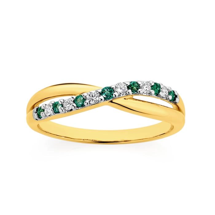 9ct Gold Natural Emerald & Diamond Crossover Ring